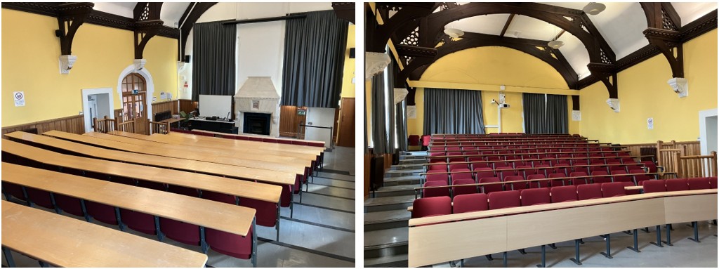 Tiered seats in rows facing the teaching wall.